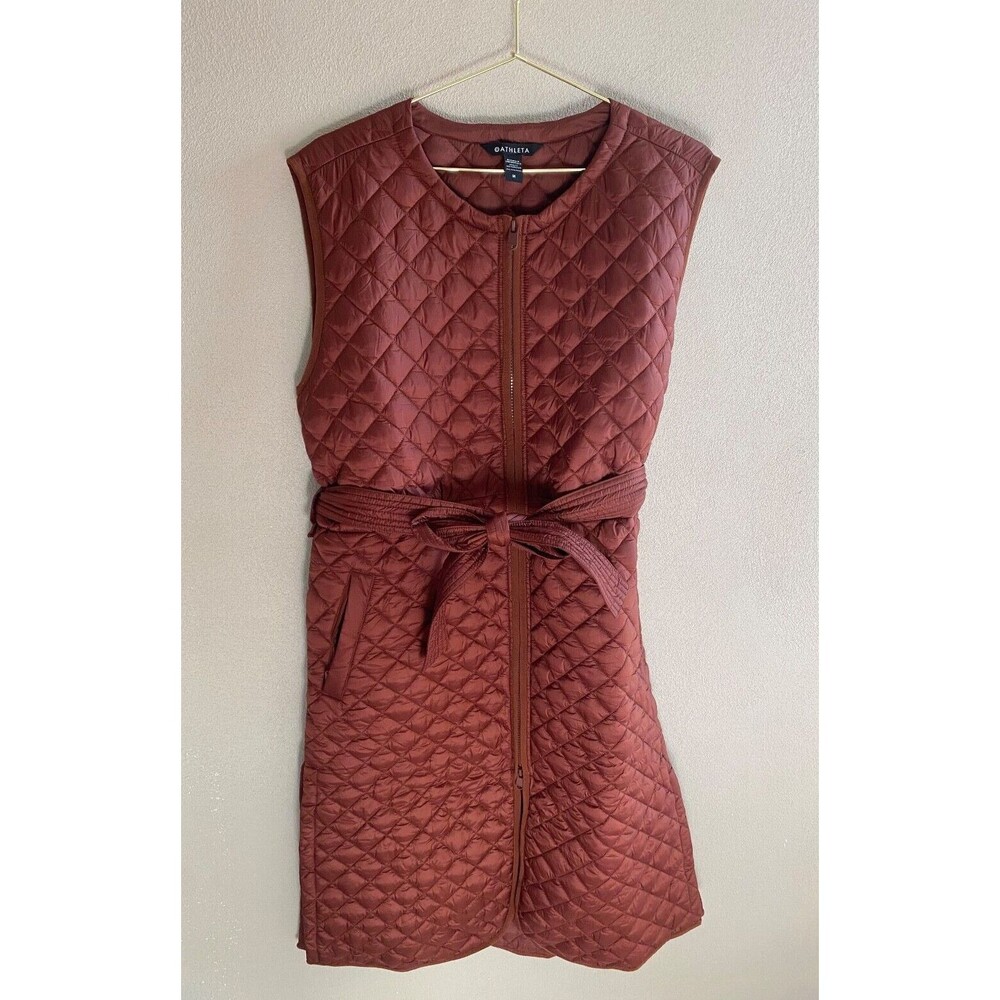 Athleta Women's Sz M Long Vest Jacket Whisper Featherless Mahogany Brown Tie